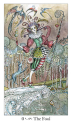 Illustration of a character labeled 'The Fool' in a fantasy setting with trees and animals.