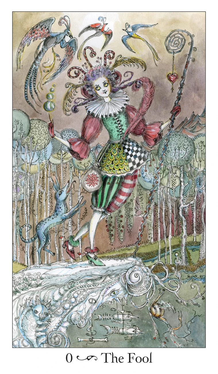 Illustration of a character labeled 'The Fool' in a fantasy setting with trees and animals.