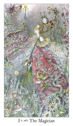 Illustration of 'The Magician' card from a tarot deck, featuring a person in elaborate attire with flowers and mystical elements.