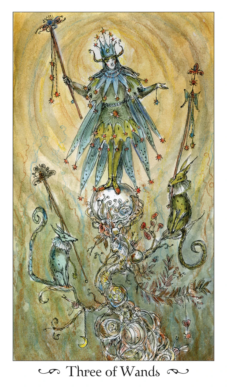 Artistic depiction of 'Three of Wands' card from a tarot deck with a central figure holding wands and surrounded by cats.