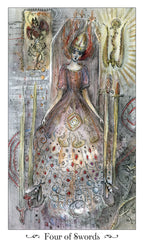 Artistic depiction of a tarot card titled 'Four of Swords' with intricate designs and symbols.