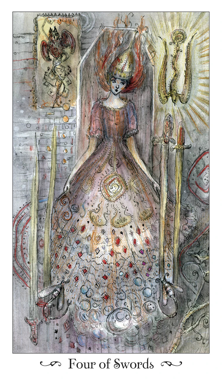 Artistic depiction of a tarot card titled 'Four of Swords' with intricate designs and symbols.