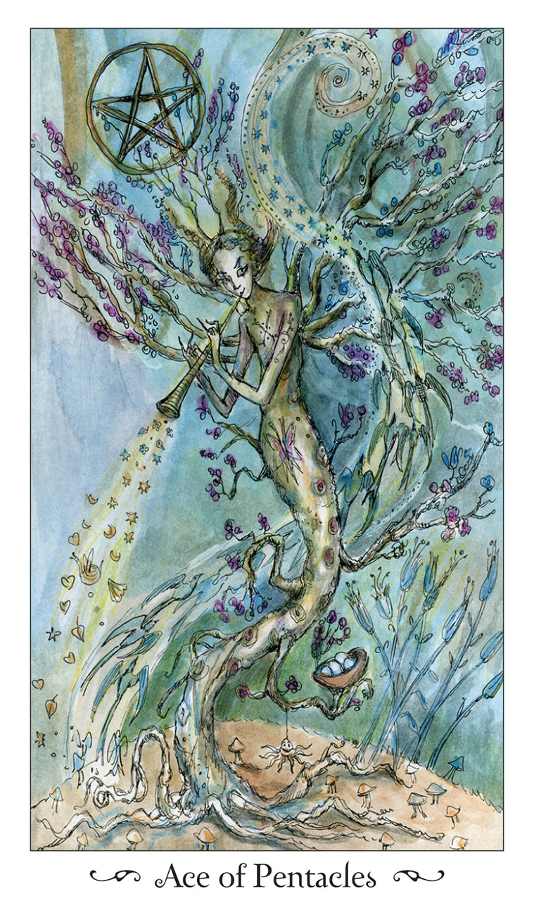 Card featuring a mermaid-like figure with a pentacle symbol, surrounded by flowers and leaves.
