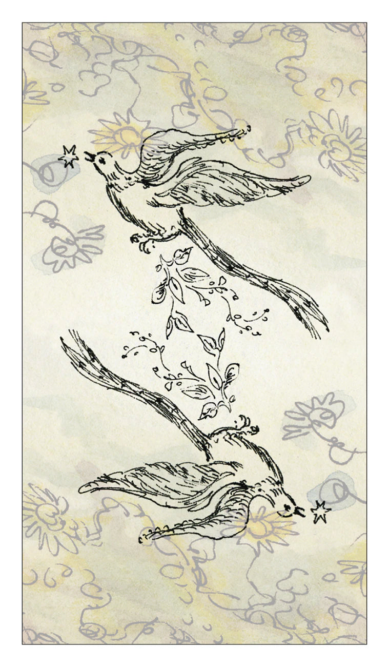 Illustration of birds on branches with floral elements on a light background