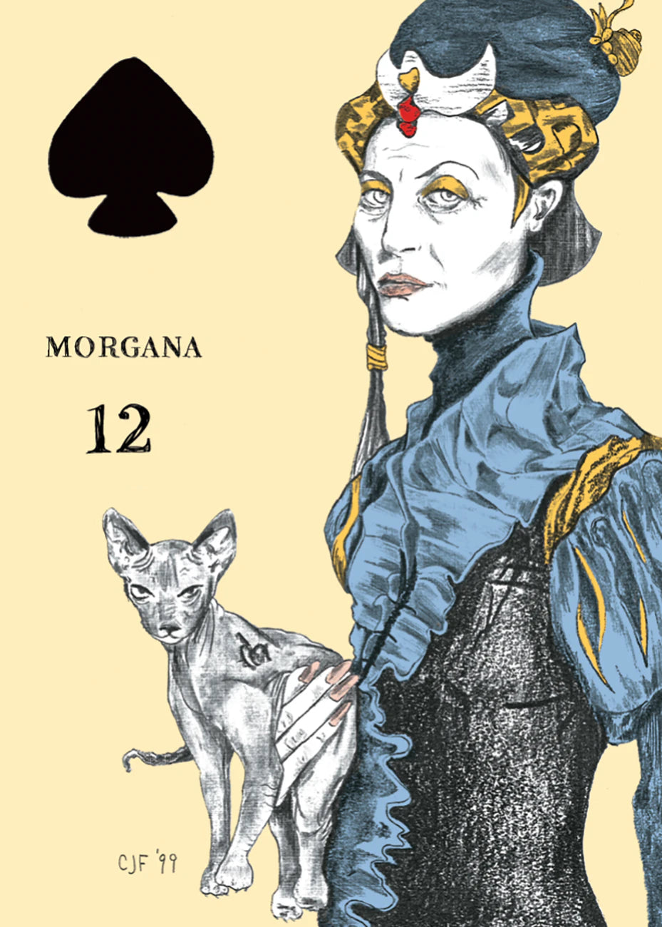 Character named Morgana holding a cat, with a spade symbol and number 12 on a beige background