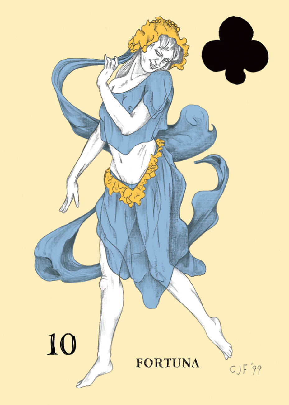Card featuring a figure labeled 'Fortuna' with a blue dress and yellow hair on a beige background.
