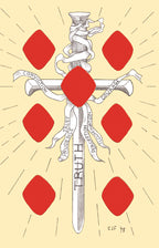 Decorative design with crossed swords and red diamonds on a beige background