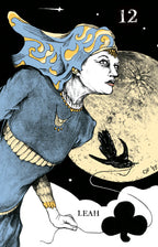 Tarot card featuring a person with a blue headdress and a black swan, with the number 12 and the name 'Leah' on a dark background.