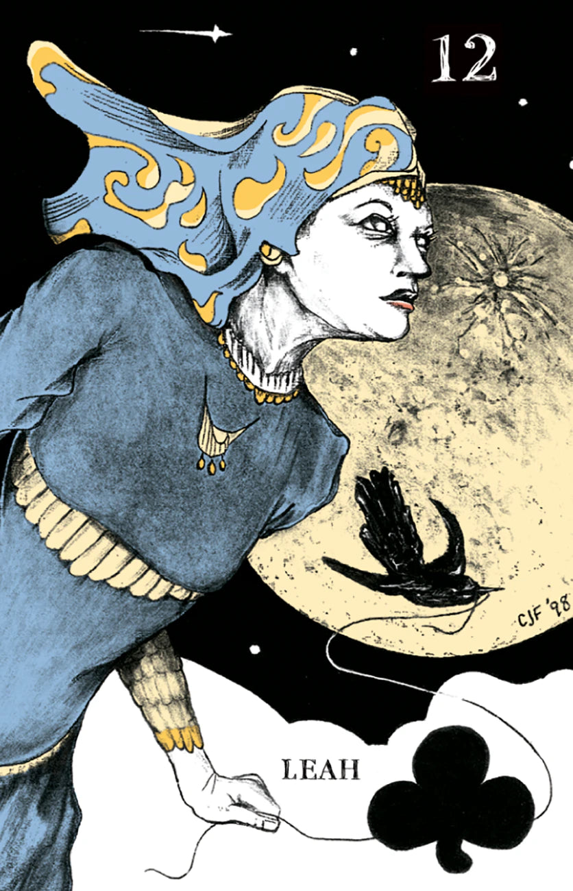 Tarot card featuring a person with a blue headdress and a black swan, with the number 12 and the name 'Leah' on a dark background.