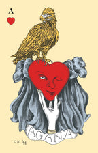 Card with an eagle on a red heart, gray hair, and 'AGANA' text on a beige background