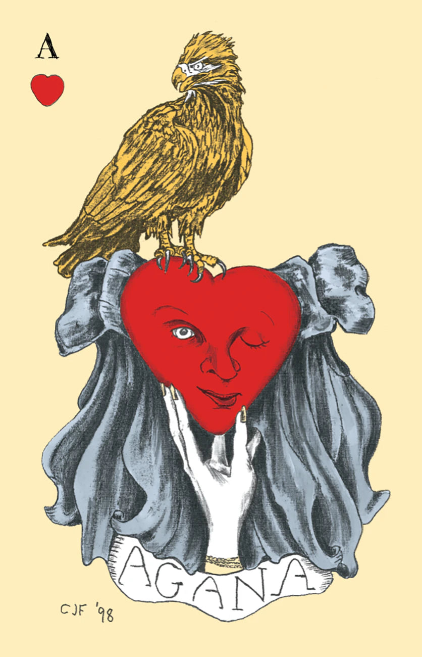 Card with an eagle on a red heart, gray hair, and 'AGANA' text on a beige background