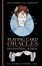 Playing Card Oracles divination deck cover with illustration of a woman's face and text.