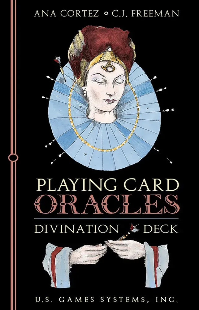 Playing Card Oracles divination deck cover with illustration of a woman's face and text.