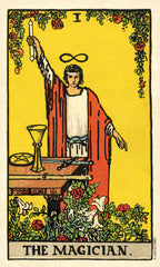 Tarot card featuring 'The Magician' with a person in robes holding a candle against a yellow background.