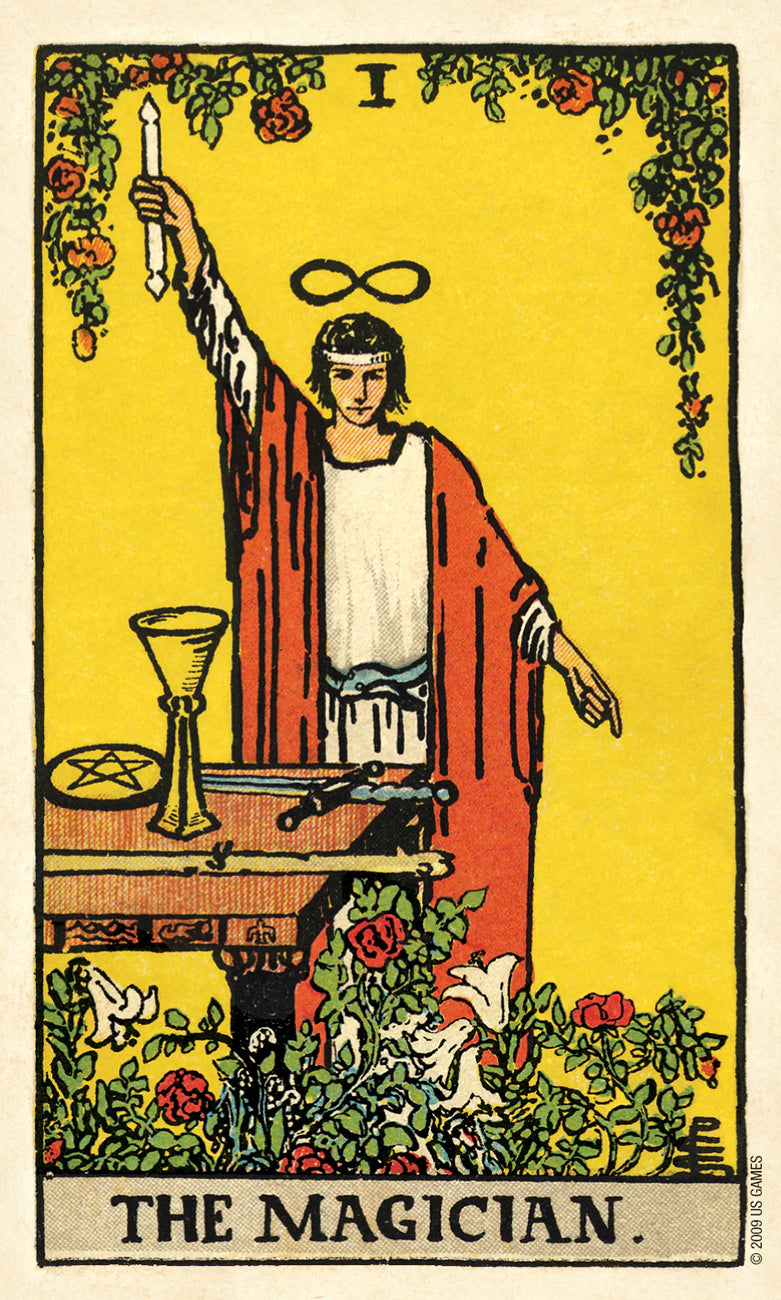 Tarot card featuring 'The Magician' with a person in robes holding a candle against a yellow background.