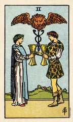 Two figures holding hands with a lion-headed symbol above them, set against a landscape.