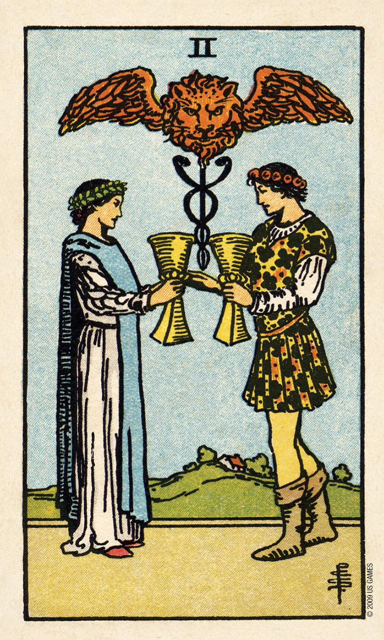 Two figures holding hands with a lion-headed symbol above them, set against a landscape.
