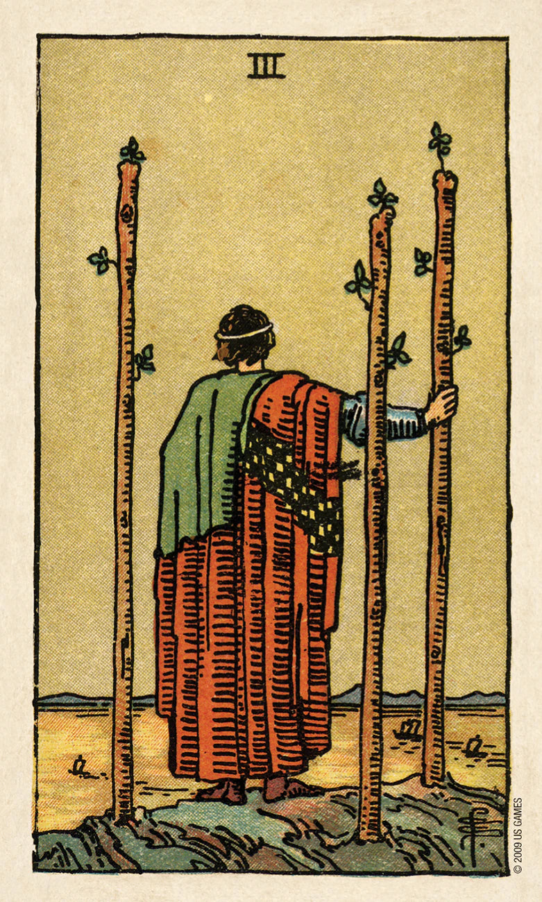 Vintage-style tarot card with a figure between two tall sticks on a beige background
