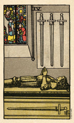 Vintage tarot card with swords, a stained glass window, and two people, featuring a black border.