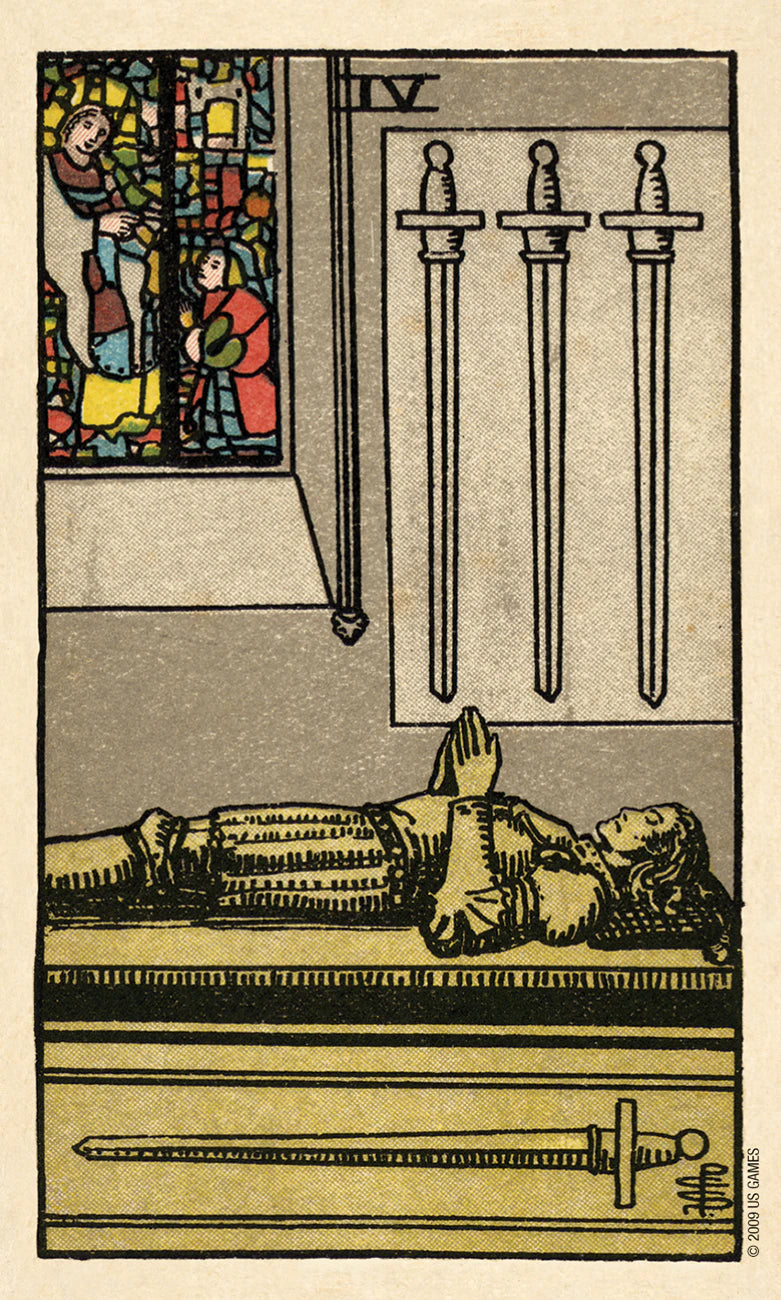 Vintage tarot card with swords, a stained glass window, and two people, featuring a black border.