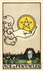 Ace of Pentacles tarot card with hand holding pentacle coin over landscape