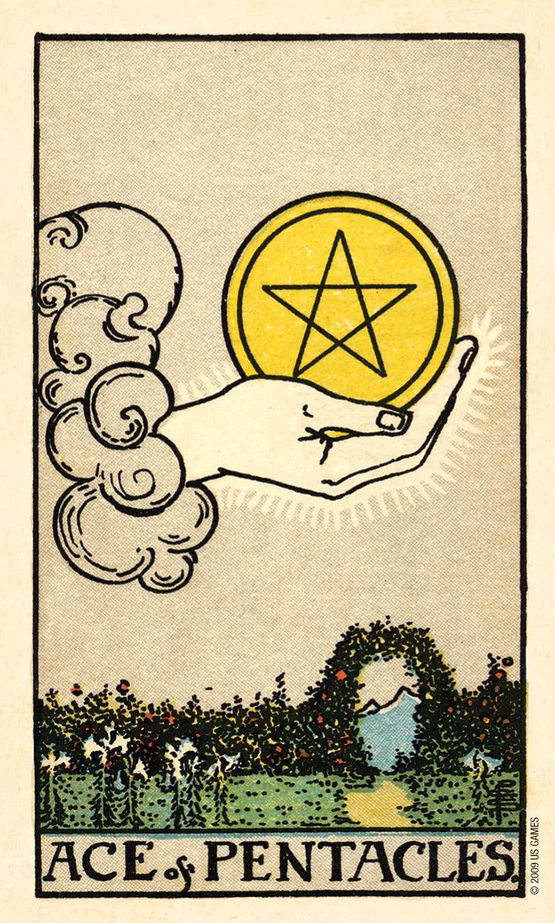 Ace of Pentacles tarot card with hand holding pentacle coin over landscape