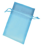 Light blue organza drawstring bag on a white background