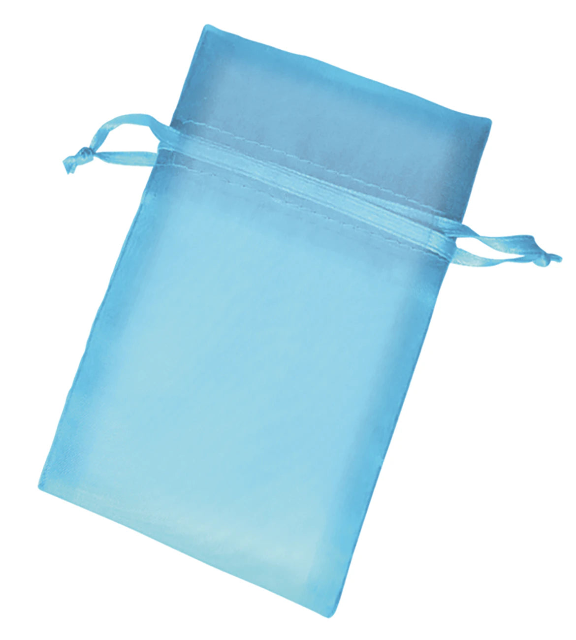 Light blue organza drawstring bag on a white background