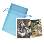 Blue drawstring bag with vintage-style cards on a white background