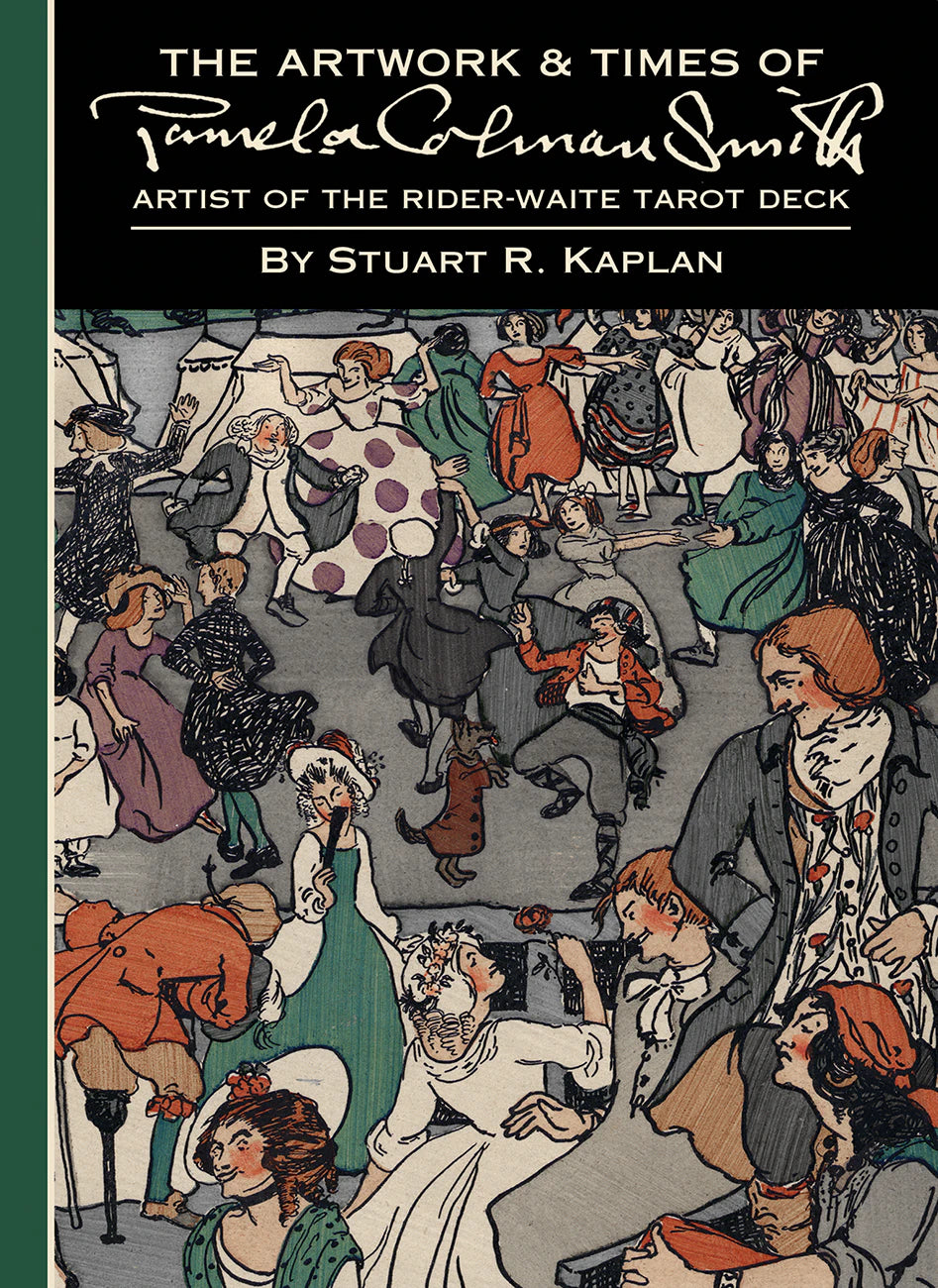 Book cover of 'The Artwork & Times of Pamela Colman Smith' by Stuart R. Kaplan, featuring a detailed illustration of a social scene.