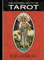 Book cover of 'The Pictorial Key to the Tarot' with a tarot card design on a red background.