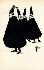 Black and white illustration of three figures in robes with head coverings on a beige background
