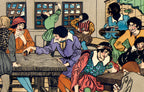 Colorful illustration of a group of people in a room with stained glass windows.