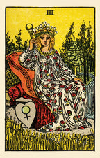 Tarot card with a figure holding a staff, surrounded by nature elements on a yellow background.