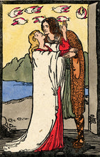 Vintage illustration of a woman embracing a child with birds flying above, set against a landscape.