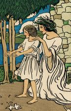 Illustration of two women in a garden setting with trees and a stone wall.
