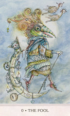 Illustration of 'The Fool' from a tarot card, featuring a character with a bird-like head and various elements on a light blue background.