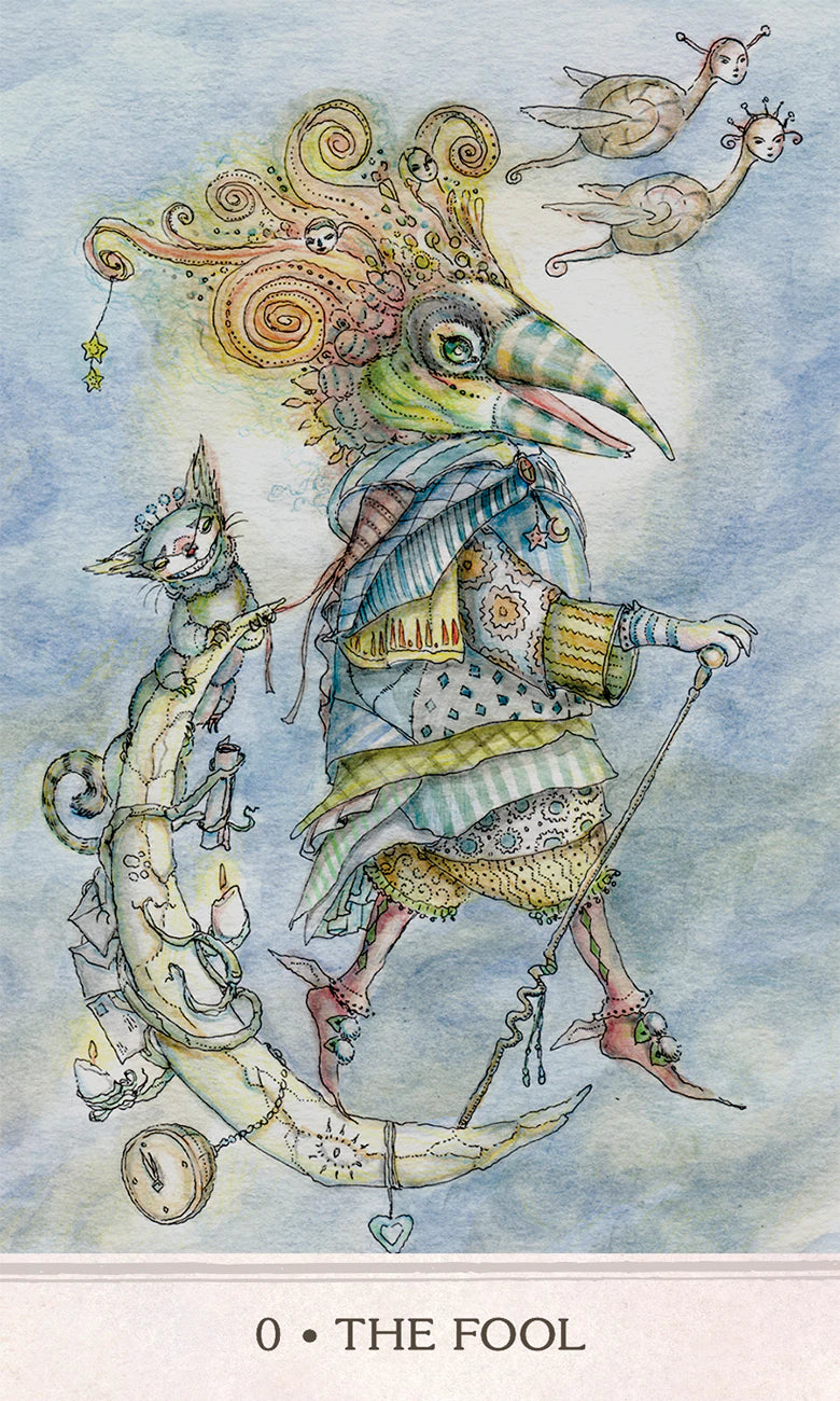 Illustration of 'The Fool' from a tarot card, featuring a character with a bird-like head and various elements on a light blue background.