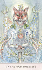 Illustration of a fox in a meditative pose with celestial elements and text 'The High Priestess'.