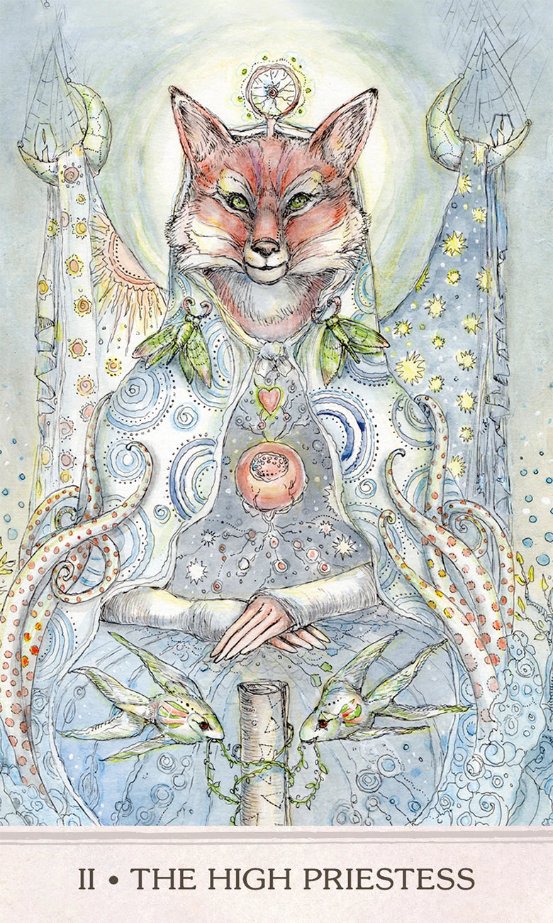 Illustration of a fox in a meditative pose with celestial elements and text 'The High Priestess'.