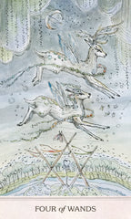 Card featuring two deer and crossed sticks with 'Four of Wands' text on a textured background
