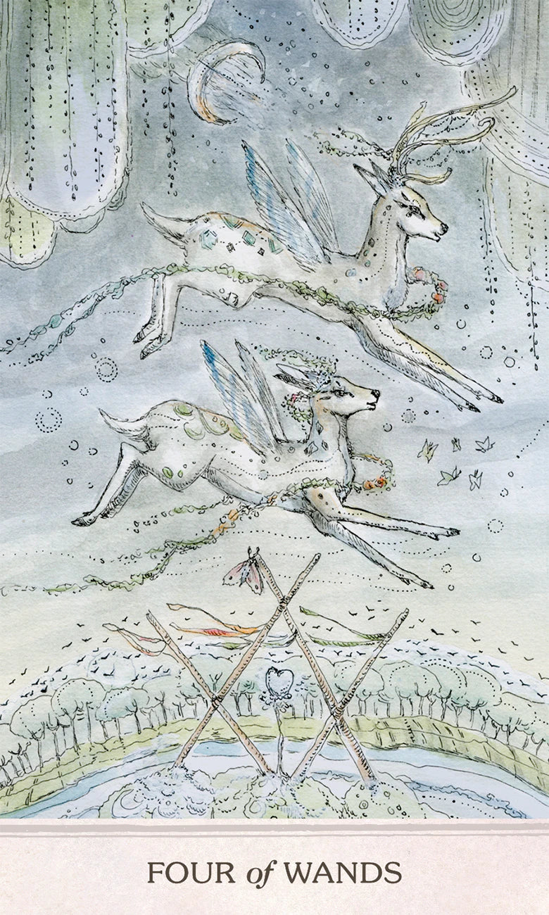 Card featuring two deer and crossed sticks with 'Four of Wands' text on a textured background