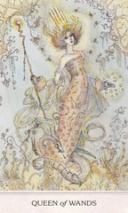 Artistic illustration of a mermaid-like figure with a crown and wand, labeled 'Queen of Wands'.
