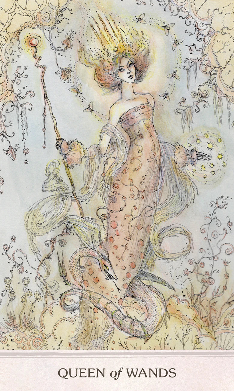 Artistic illustration of a mermaid-like figure with a crown and wand, labeled 'Queen of Wands'.