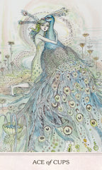Artistic illustration of a peacock and woman with 'Ace of Cups' text