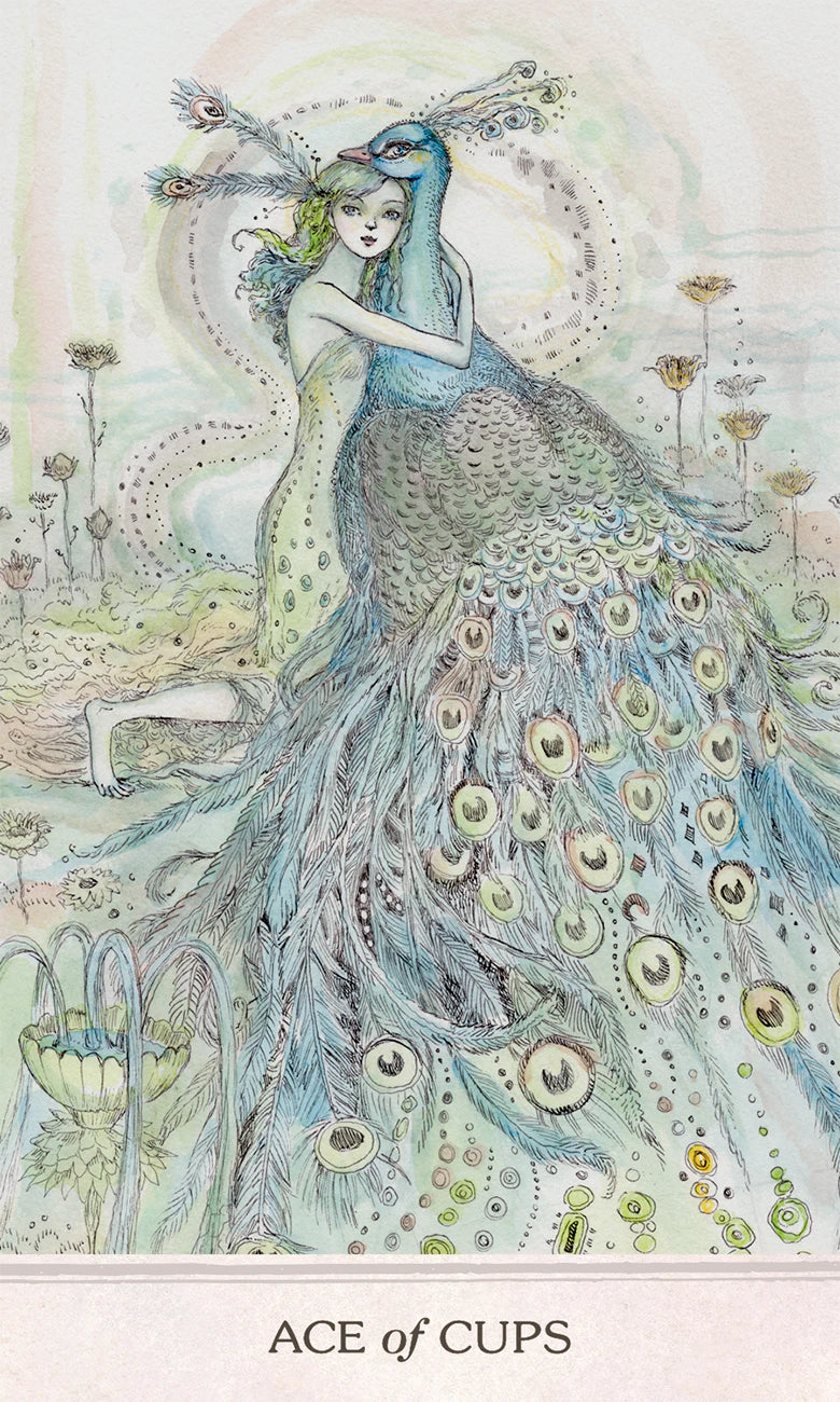 Artistic illustration of a peacock and woman with 'Ace of Cups' text