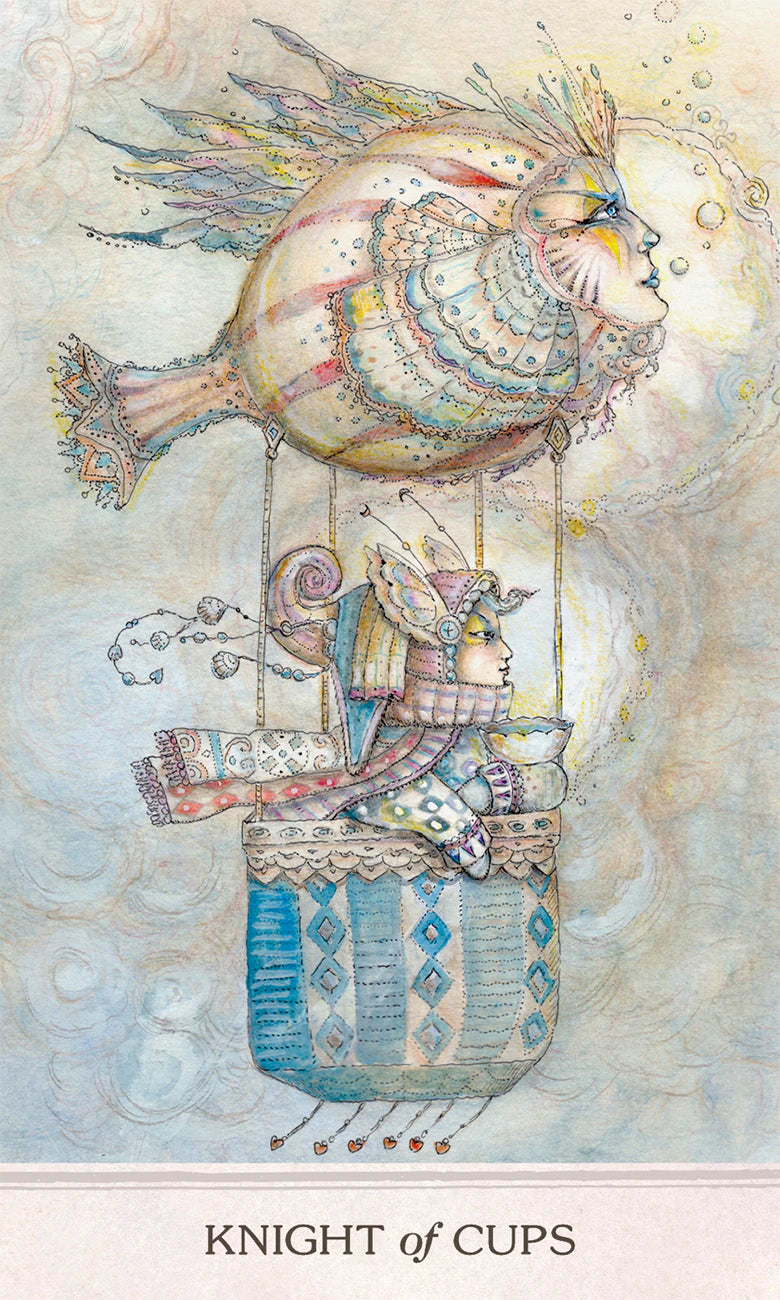 Artistic depiction of a tarot card titled 'Knight of Cups' with intricate designs and colors.