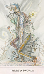 Artistic depiction of a tarot card titled 'Three of Swords' with intricate design and character.