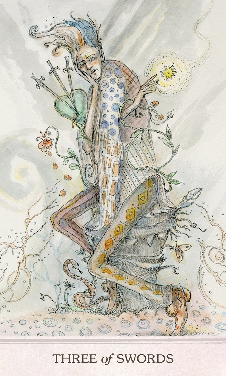 Artistic depiction of a tarot card titled 'Three of Swords' with intricate design and character.