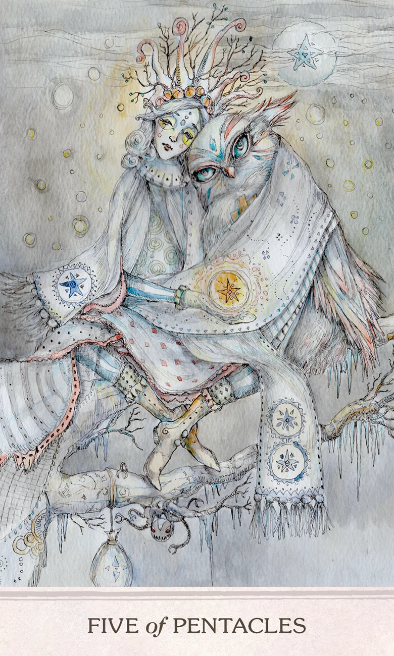 Artistic depiction of a figure with intricate clothing and accessories, labeled 'Five of Pentacles'.